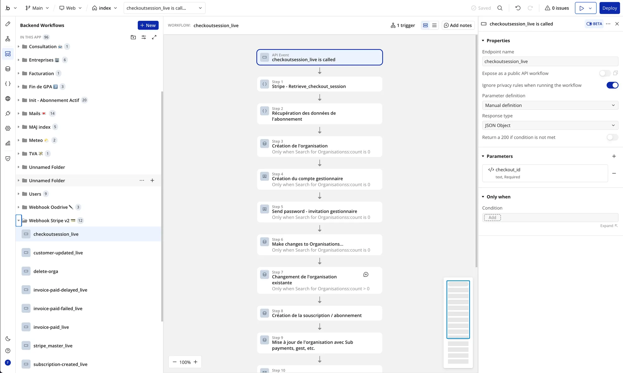 Workflows backend Bubble et API webhooks pour l’isolation des droits multi-organisations.
