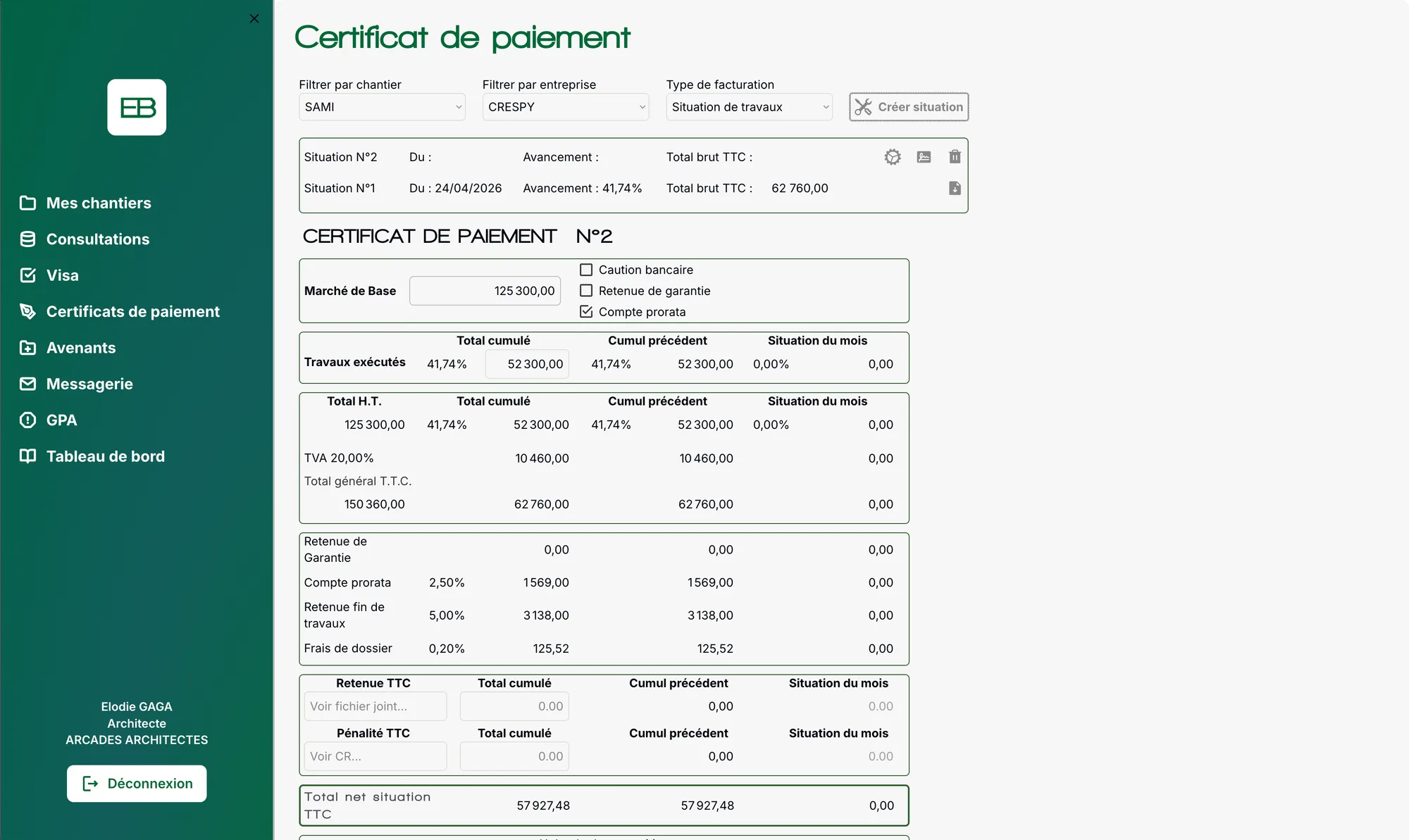 Interface de validation des certificats de paiement architecte et situations de travaux dans Excibat.