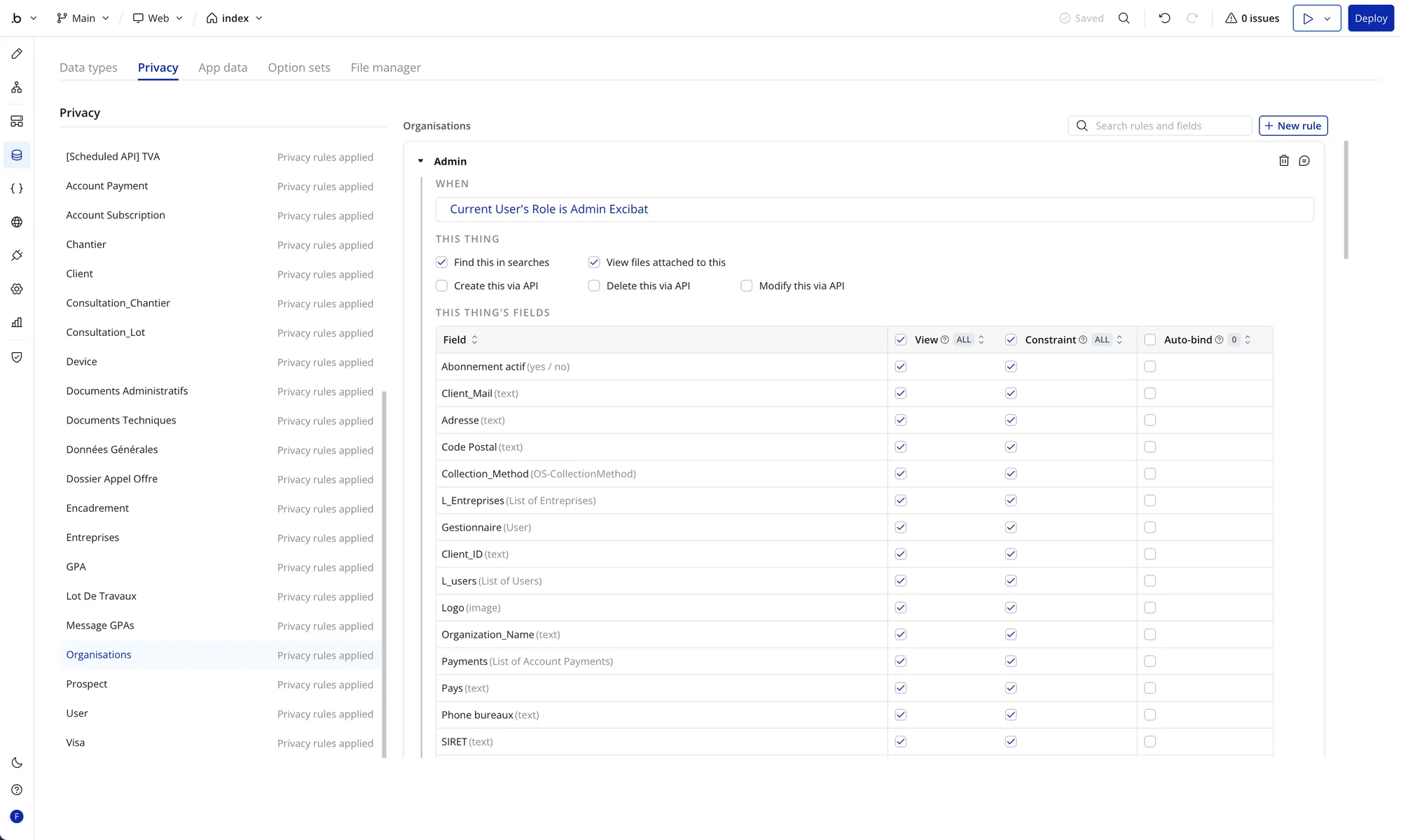 Configuration des règles de sécurité et Privacy Rules pour le cloisonnement multi-organisation dans Bubble.