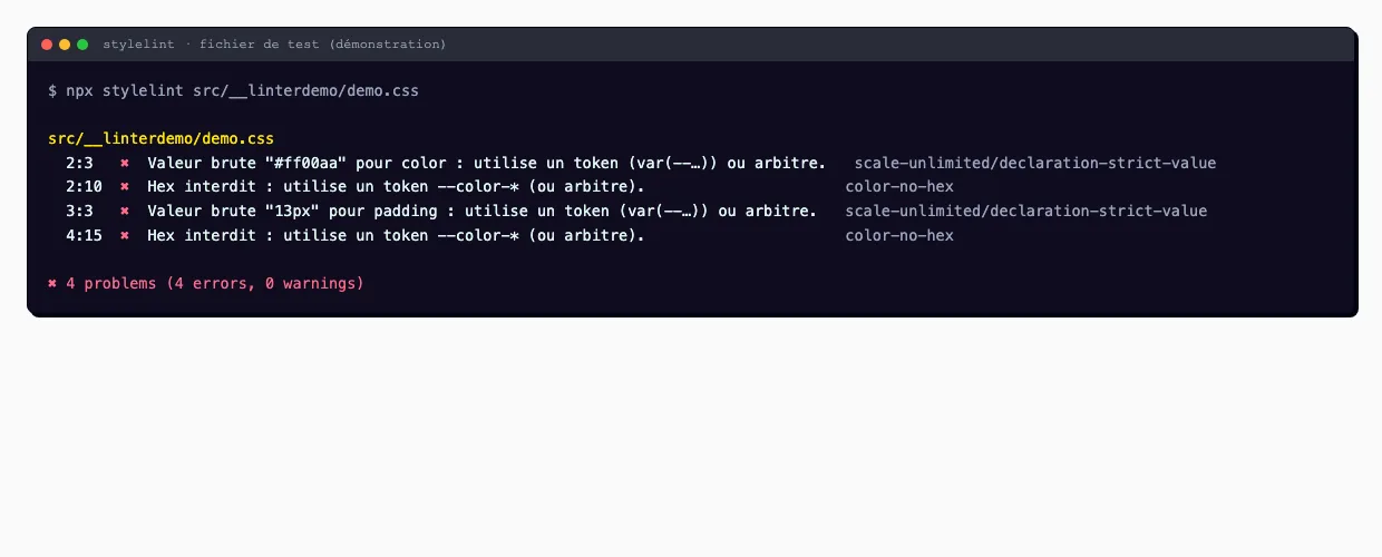 Terminal : le linter Stylelint refuse une couleur hexadécimale et un espacement brut, quatre erreurs.