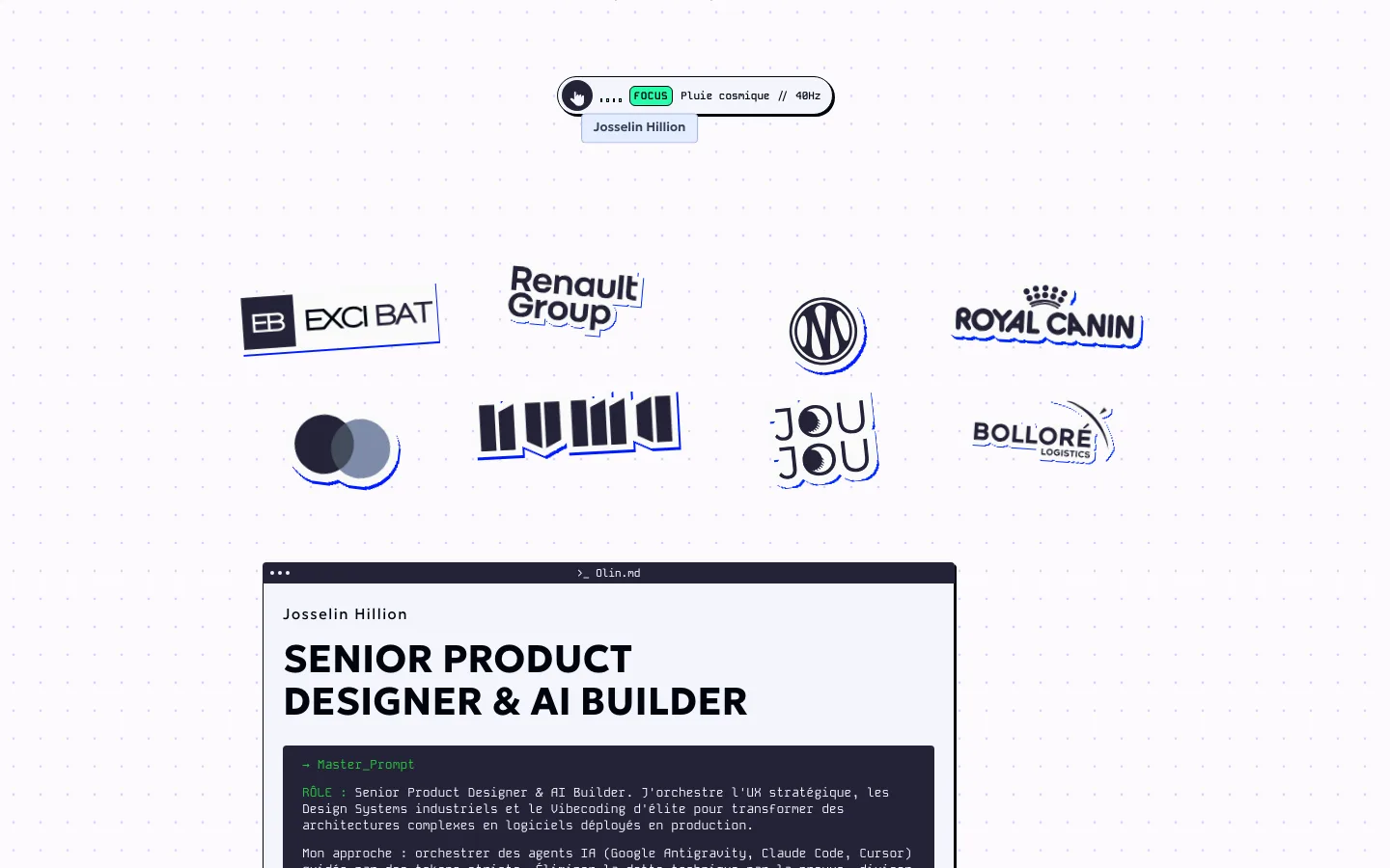 Landing du site Olin.os en production sur desktop : stickers clients et fenêtre Olin.md.