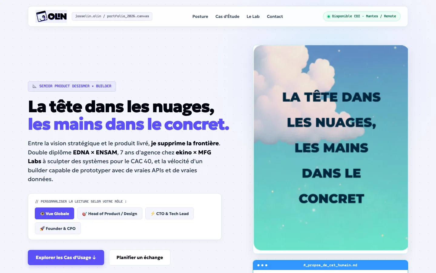 Hero de la première landing : direction graphique explorée sans cadre, phase 1 du projet.