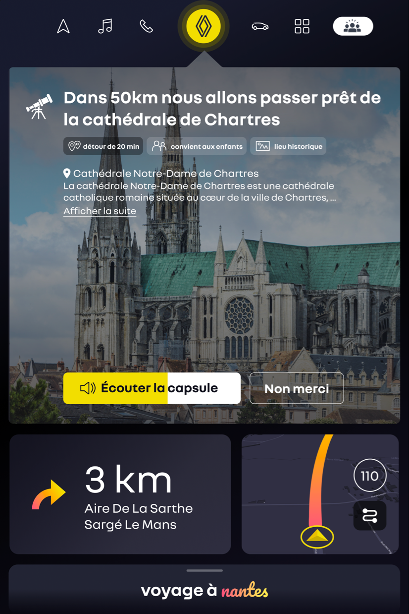 Écran OpenR Moment OS : suggestion de détour vers la cathédrale de Chartres, avec capsule audio à écouter.